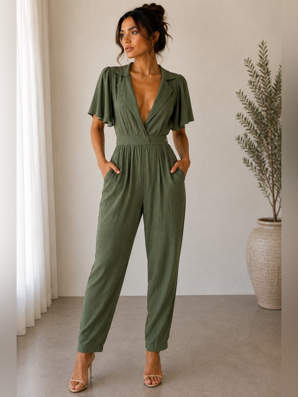 Here Comes the Sun Olive Green Open Back Tie Jumpsuit